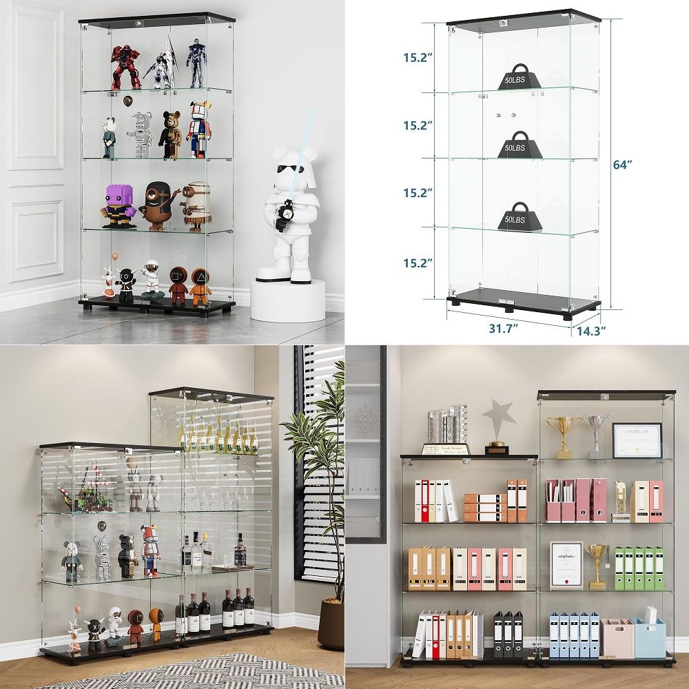 Glass Cabinet Display - 4단 선반 이중 도어 및 잠금장치가