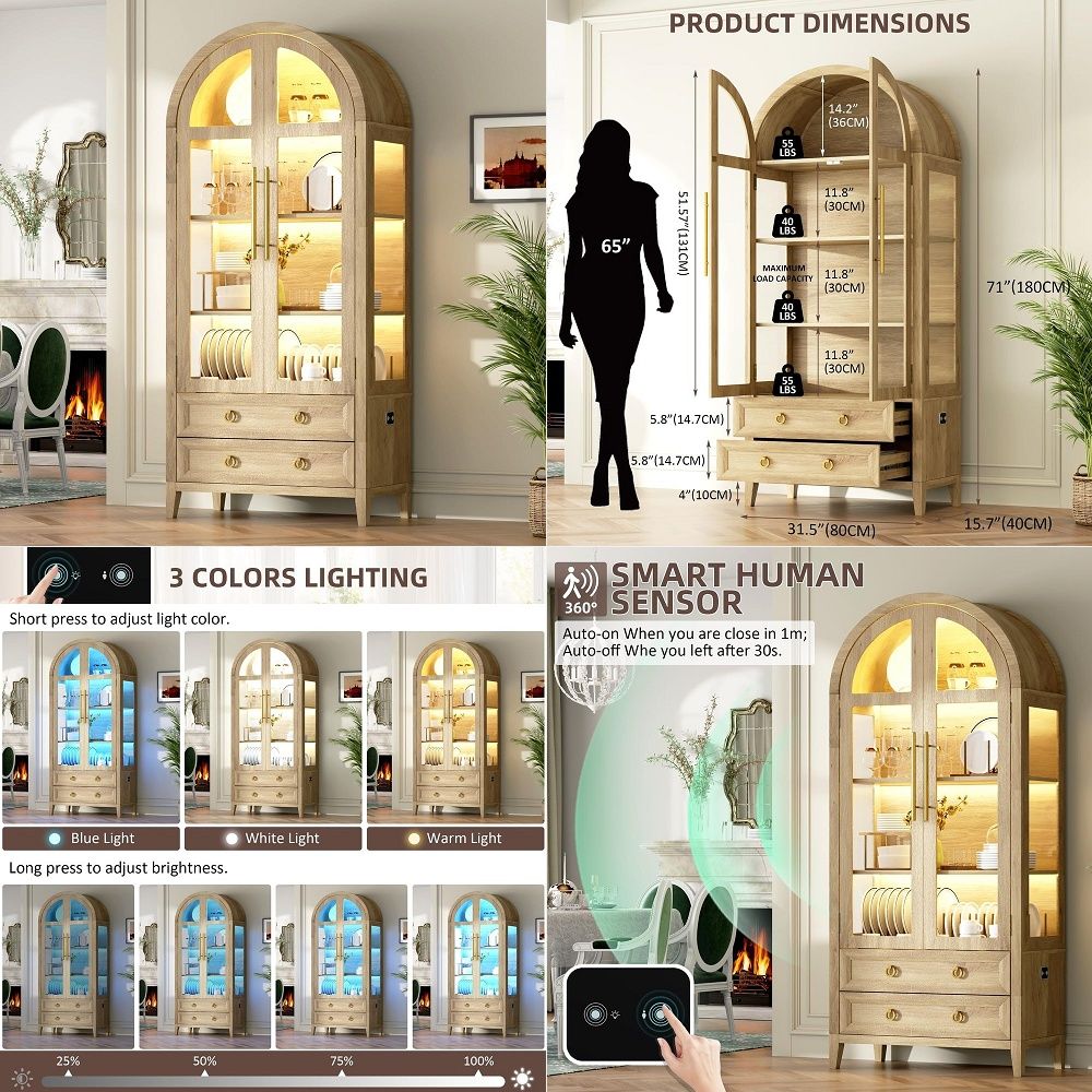 Glass Cabinet Display - 유리문이 있는 71 아치형 골동품 진열장,